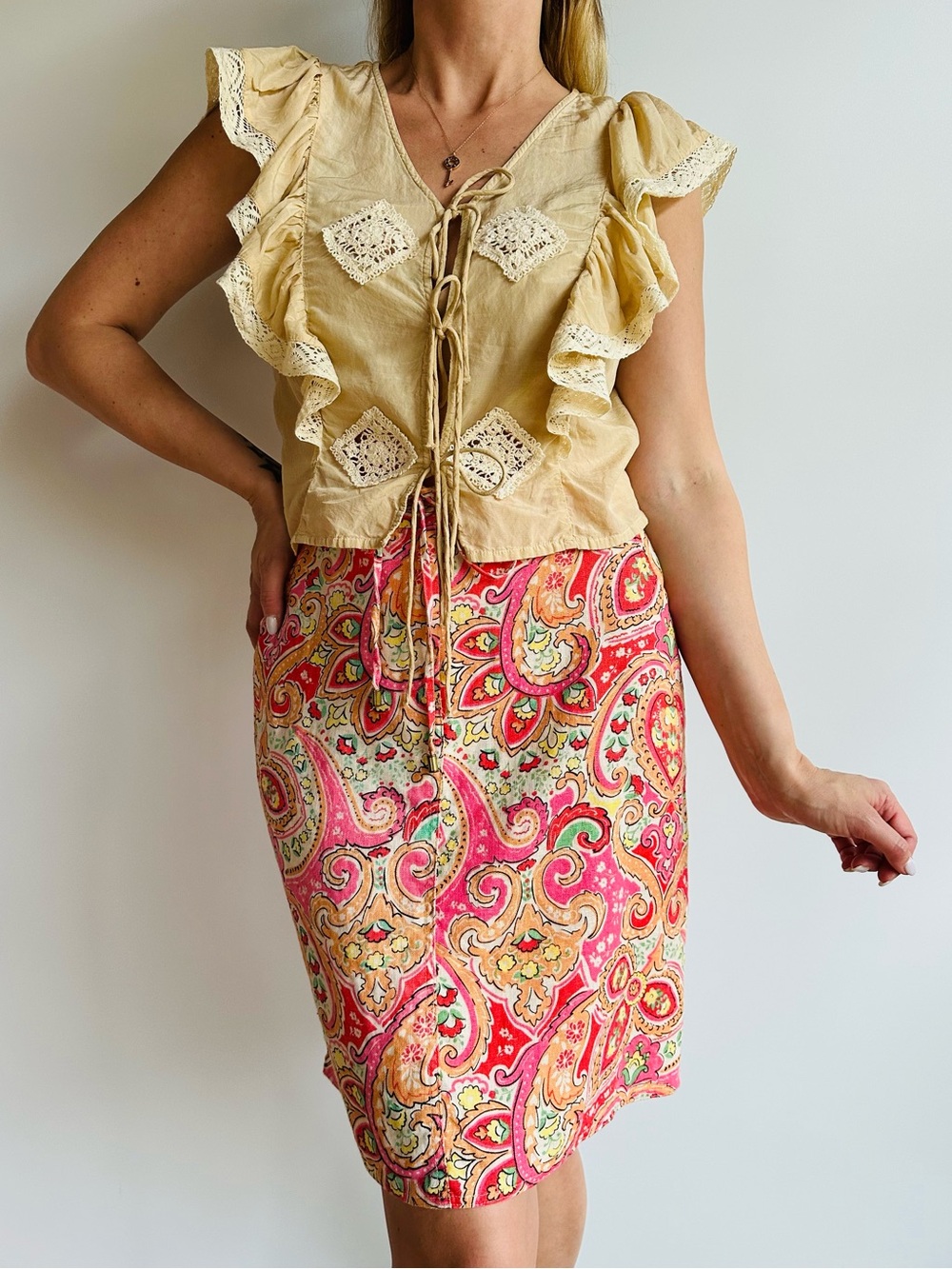 Vintage Charter Club Linen Paisley Print Skirt Pink Orange Drawstring Summer